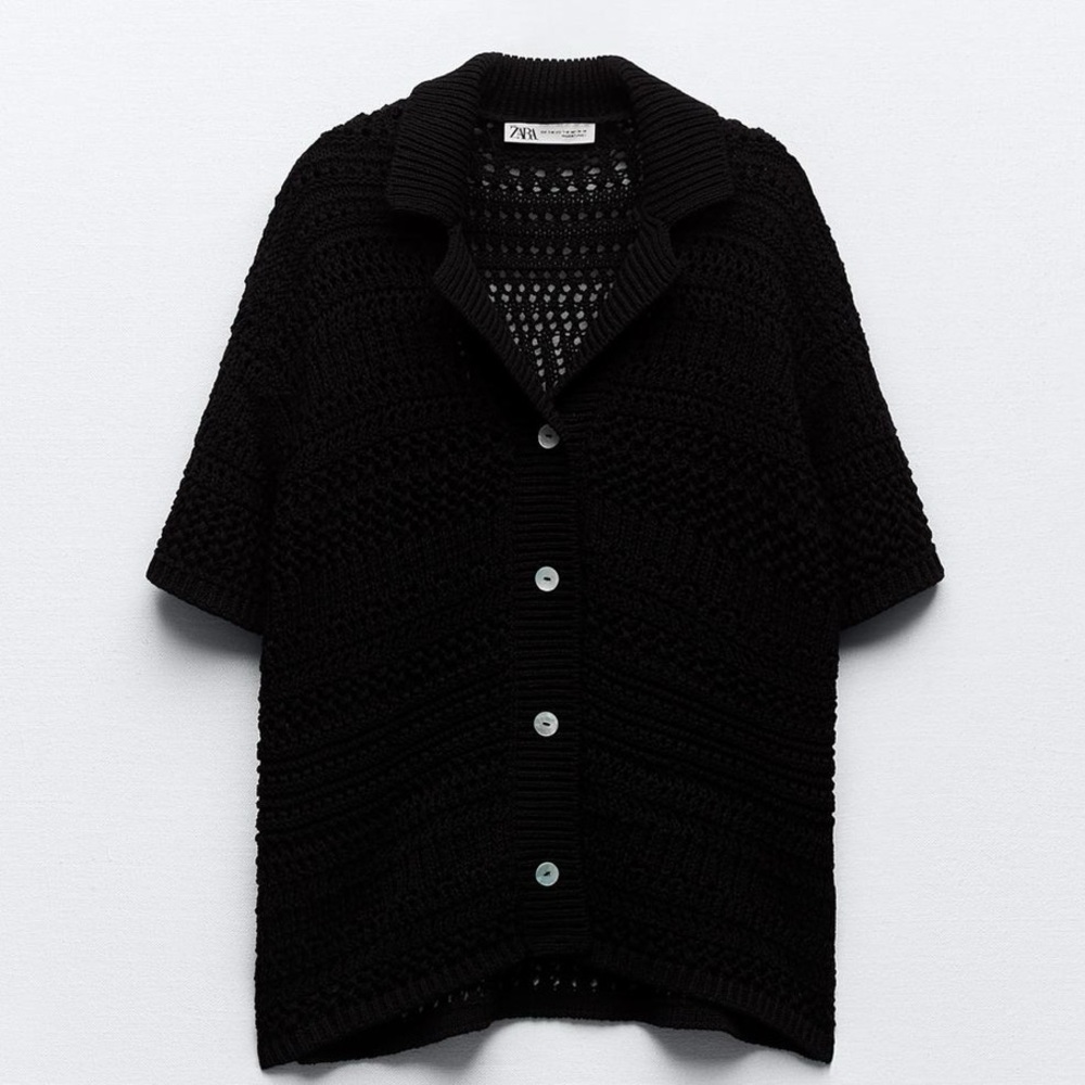 Zara Pointelle Knit Oversized Polo Sweater